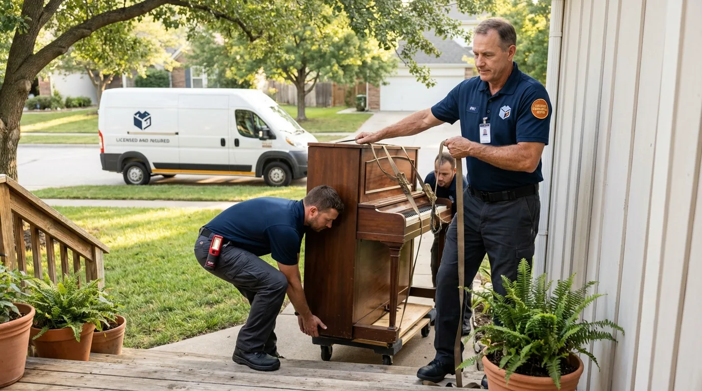 Licensed piano movers securing grand piano in Erie, CO