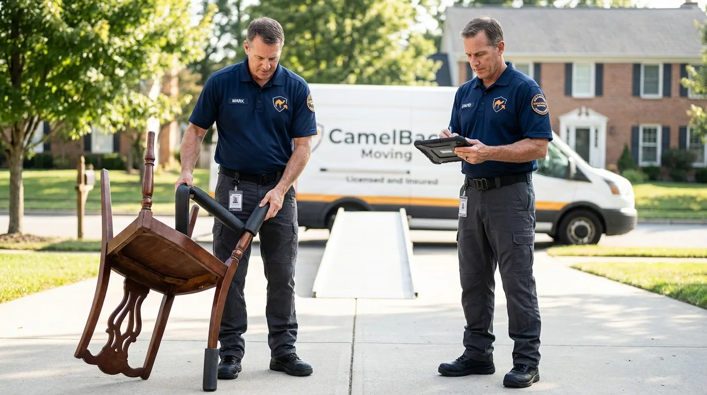 Movers inspecting furniture for damage prevention before loading in Erie, CO