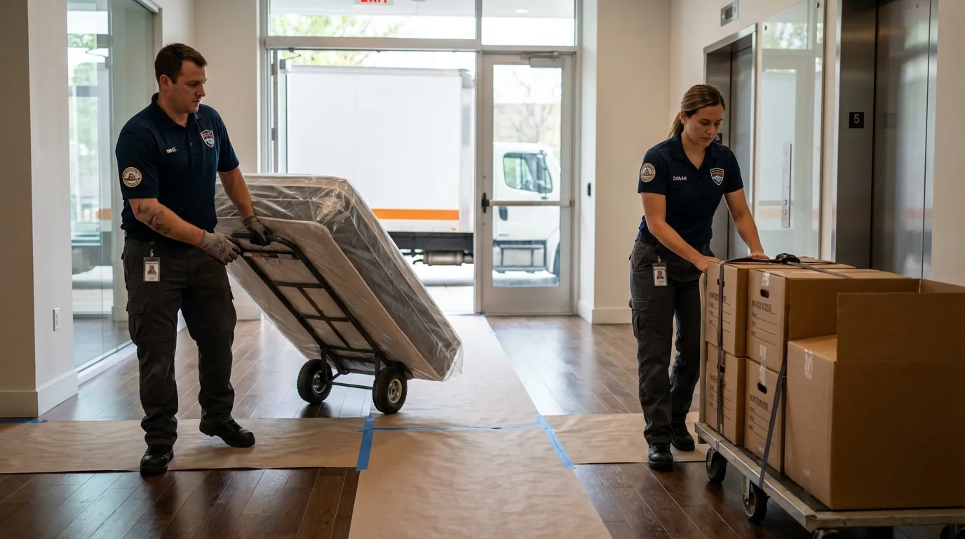 Professional apartment movers loading elevator in Erie, CO