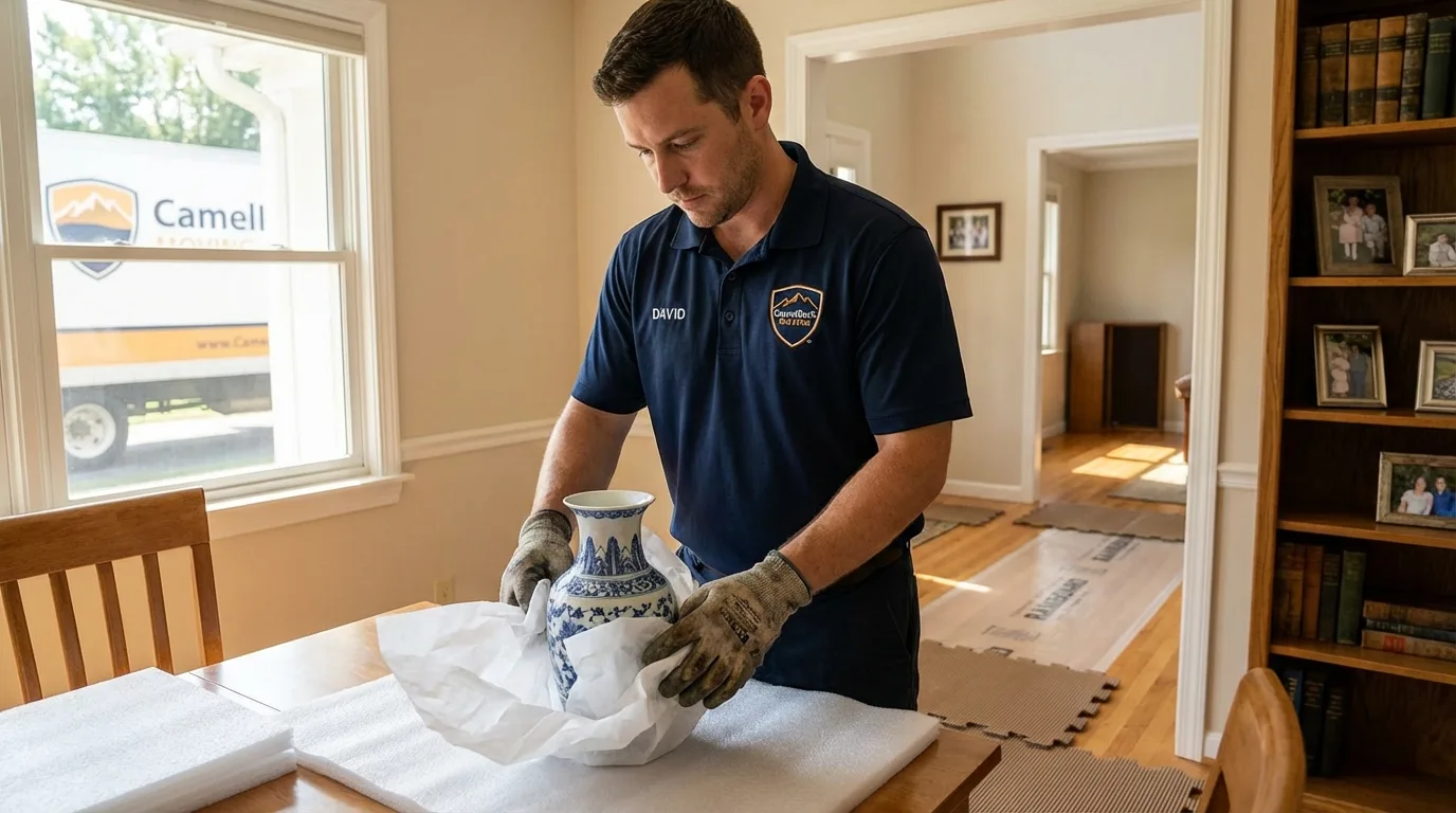 Professional crew carefully wrapping antique vase for senior downsizing move in Erie, CO